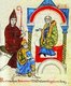 Italy: King Henry IV Begging Countess Matilda of Tuscany (1046-1115) and Abbot Hugh of Cluny to intercede for Him with Pope Gregory VII, Vatican Codex 4922 (1115 CE)
